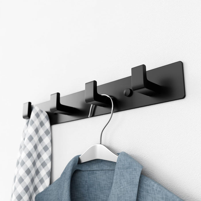 Black Coat Rack Wall Mount - 12.5 inch Modern Metal Hook Rail with 4 Right-Angle Hooks, Drill-Mounted Organizer for Coats, Hats, Bags in Entryway, Bathroom, Bedroom (1 Pack)