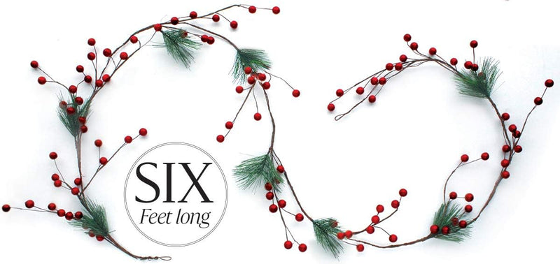 Christmas Garland Red Berry, Artificial Pine Needle Holiday Greenery (Evergreen) Unlit Fireplace Mantle Décor & Home Xmas Decoration Indoor/Outdoor Decorations 6 Feet Long (6ft) Clearance