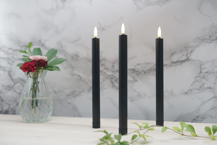 Black Flameless Taper Candles with Remote - 10 Inch LED Candlesticks Flickering, Realistic 3D Flame with Wick, Warm White Light, Home Halloween Decor, Automatic Timer - Set of 6
