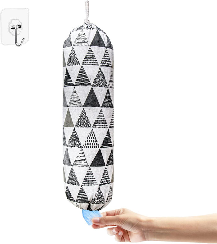 SYIPO Plastic Bag Holder, Wall Mount Organizer, Shopping Bags Carrier, Washable Large Grocery Storage Dispenser for Home Kitchen Travelling, Free Adjustment with Drawstring (Check Gray)