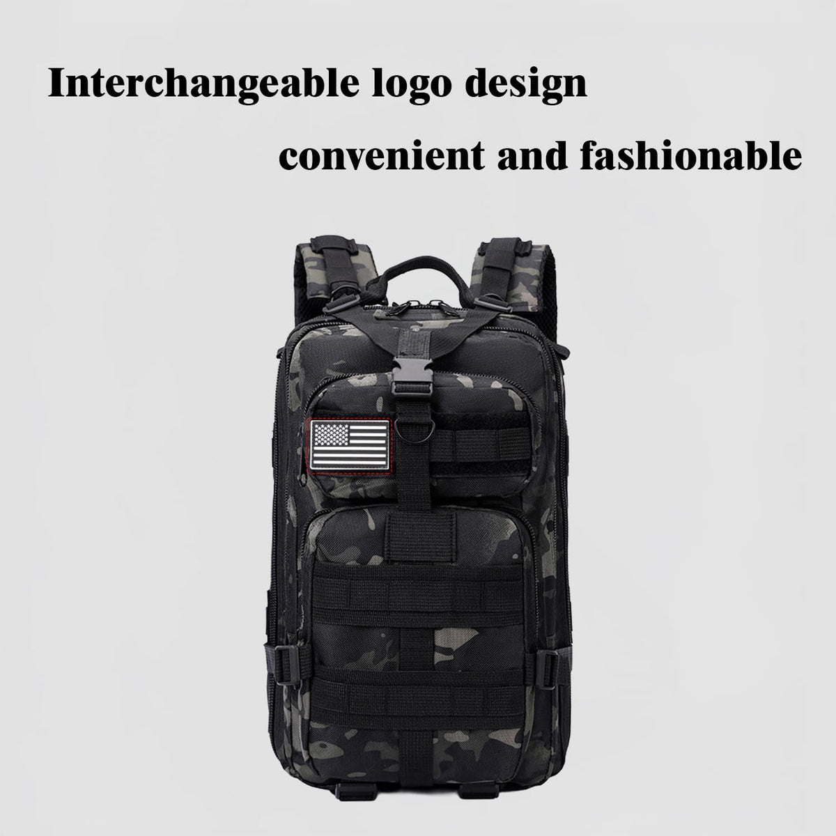 30L Comfortable Durable Military Tactical Backpack w/USA Flag Patch, MOLLE Hiking Camping Travel Bag,（black camouflage）