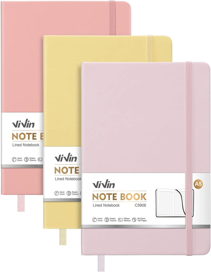 ViVin Lined Journal Notebooks, 3 Pack, (Black, Navy, Brown), 192 Pages, Medium 5.5 x 8.3 inch, College Ruled, A5 Hardcover Notebooks, Journaling Notebooks for Work, Writing, School