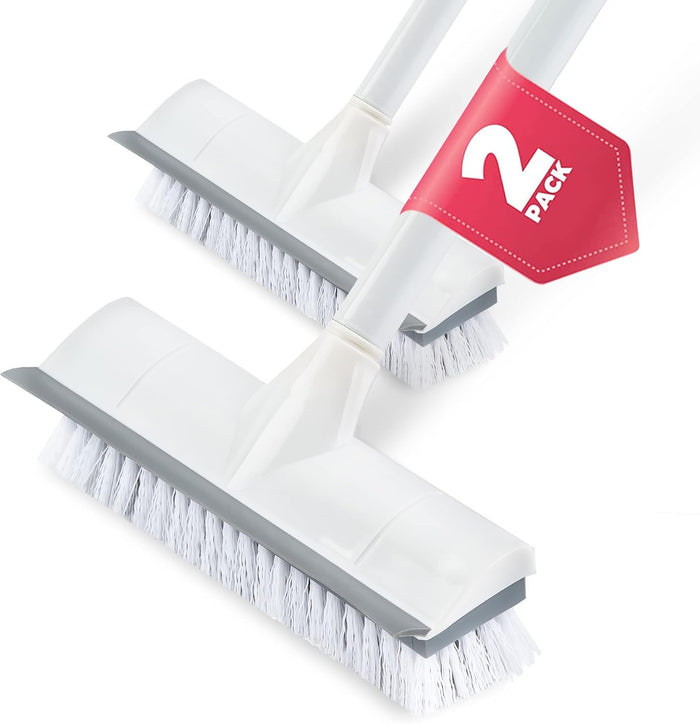 BOOMJOY Floor Scrub Brush with Long Handle, 2 in 1 Scrape and Brush, Stiff Bristles for Cleaning Bathroom, Patio, Garage, Kitchen, Deck, Tile