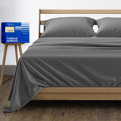 Thread Spread 100% Egyptian Cotton King Size Sheet Set - 1000 Thread Count King Size Sheets Set Egyptian Cotton, 4 PC (Dark Grey), 16" Deep Pocket, Soft Cooling Sateen Weave Ultra Luxury Hotel Bedding
