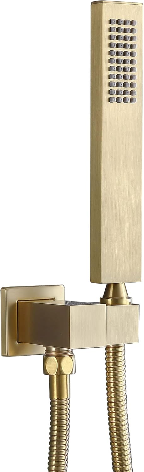 Enga Solid Brass High Pressure Hand Held Shower Wand Square Head with Adjustable Supply Elbow Wall Connector Shower Holder and Hose Set, Brushed Nickel