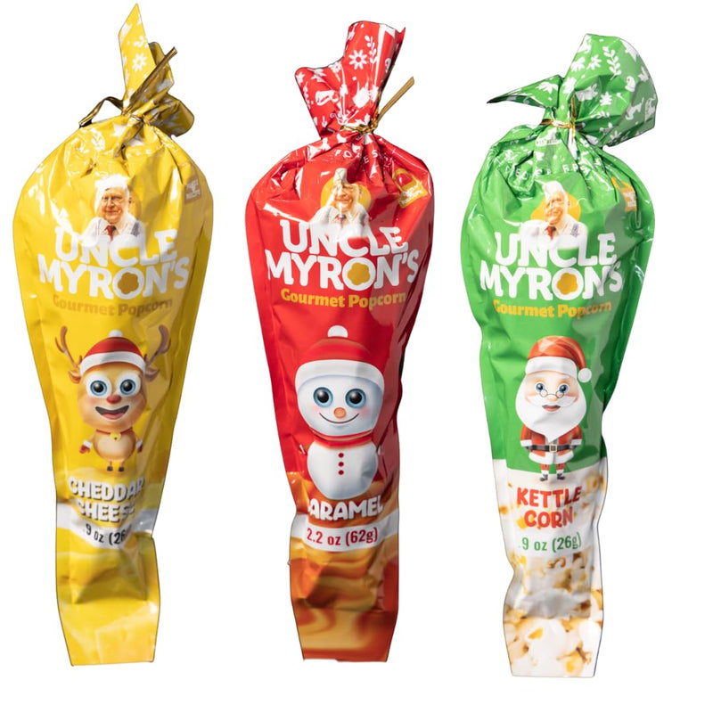 Uncle Myron’s Holiday Popcorn Cones Variety Pack (12 Pack) – Caramel, Cheddar Cheese & Kettle Corn – Christmas Gift Set, Individually Wrapped Festive Cones, Gourmet Popcorn Snacks for Kids, Parties & Stocking Stuffers