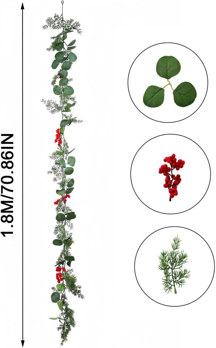 5.9 Feet Eucalyptus Leaves Red Berry Norfolk Pine Christmas Greenery Garland for Table, Mantle, Wall, Indoor, Outdoor Christmas Decorations
