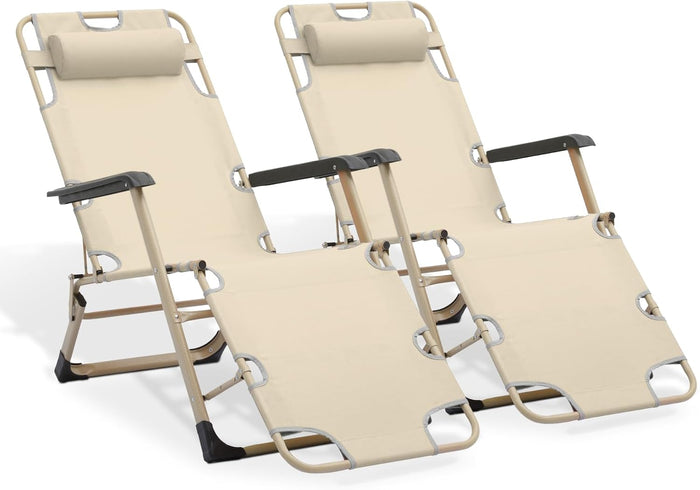 MoNiBloom Patio Lounge Chair Set of 2 Folding Lawn Lounger Outdoor Camp Reclining Chair with Adjustable Headrest for Garden Yard Pool Side, 330lbs Capacity