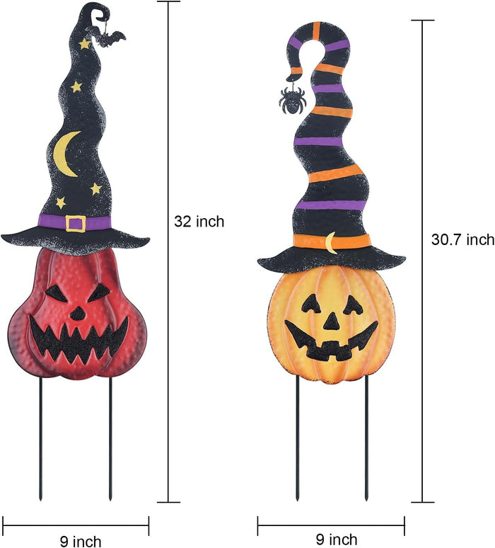 YEAHOME Halloween Decorations Outdoor, 2 Pack Metal Pumpkin Garden Stakes with Witch Hats for Halloween Decor, Jack o' Lantern Pumpkin Yard Signs for Outside Garden Lawn Patio Party Decorations
