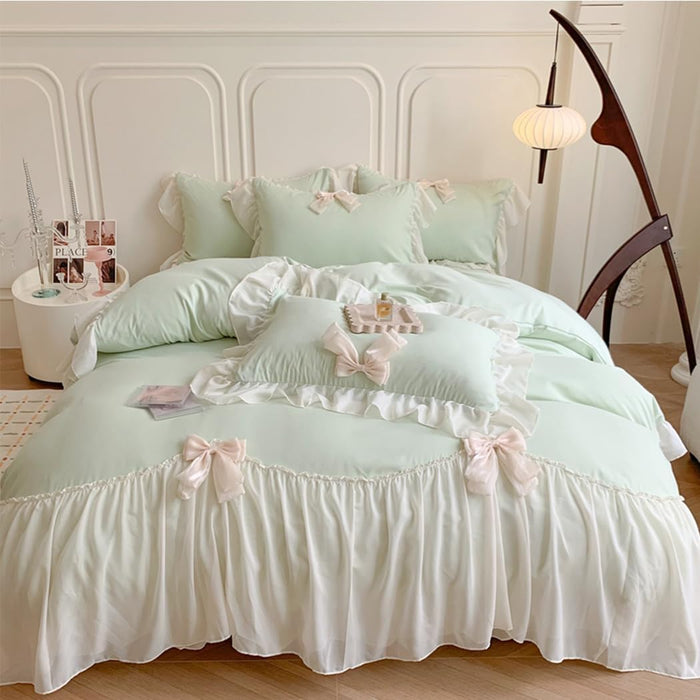 Ruffled Bedding Bow Duvet Cover Set with Butterfly Tie, Full Comforter Cover Set, Shabby Chic Bedding Set,Romantic French Princess Style -Yellow,Full