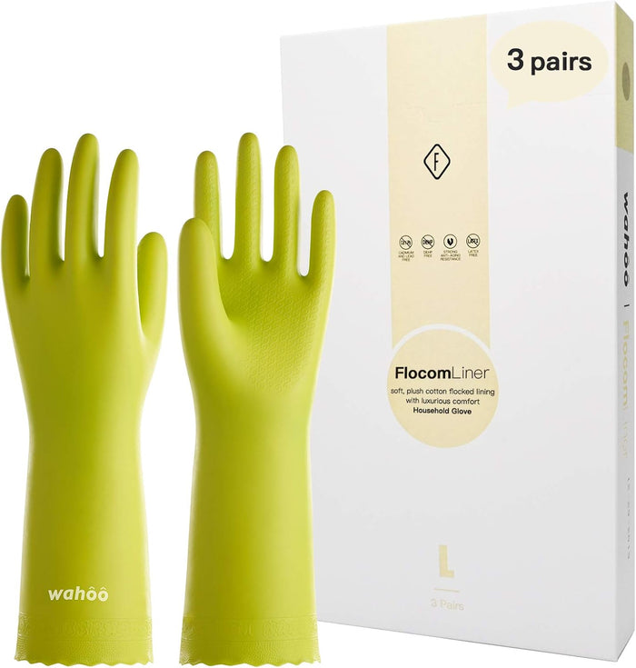 LANON 3 Pairs wahoo Skin-Friendly Cleaning Gloves, Dishwashing Kitchen Gloves with Cotton Flocked Liner, Reusable, Non-Slip, Canary Green, Small