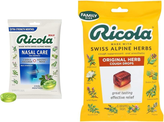 Ricola Max Cool Menthol Nasal Care Large Bag | Cough Suppressant Drops | Dual Action Liquid Center | Soothing Long-Lasting Relief - 34 Count (Pack of 1)