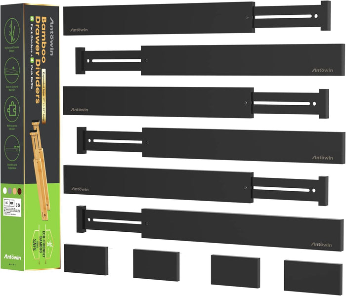ANTOWIN Bamboo Drawer Dividers, Expandable Drawer Separators Splitter, 17-22 inches Adjustable Spring-loaded Organizer for Large Utensil, Clothes, Tools Drawers, 6 Pack Dividers + 4 Pack Baffle