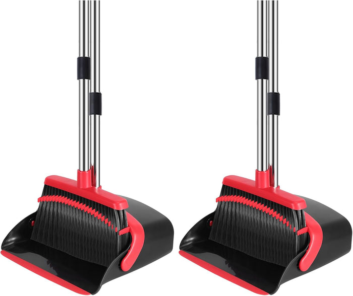 NACENA Broom and Dustpan Set, 52-in Long Adjustable Handle Broom Dustpan Combo with Dustpan Teeth to Automatically Clean Hair Suitable for Home Kitchen Office Hall Floor（Black&Red）