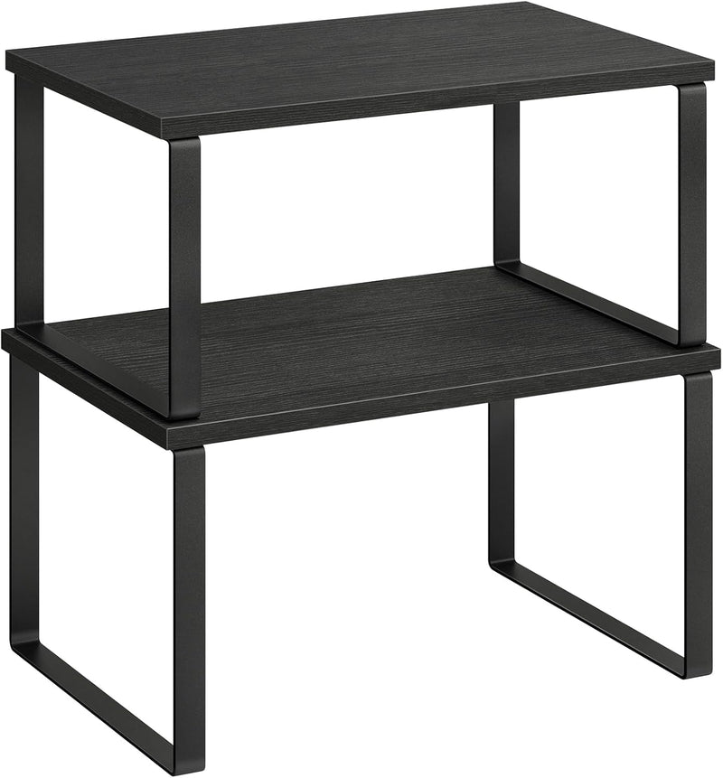 SONGMICS Cabinet Organizer Shelf, Set of 2 Kitchen Counter Shelves, Kitchen Storage, Spice Rack, Stackable, Expandable, Metal and Engineered Wood, Ink Black and Natural Beige UKCS02NB