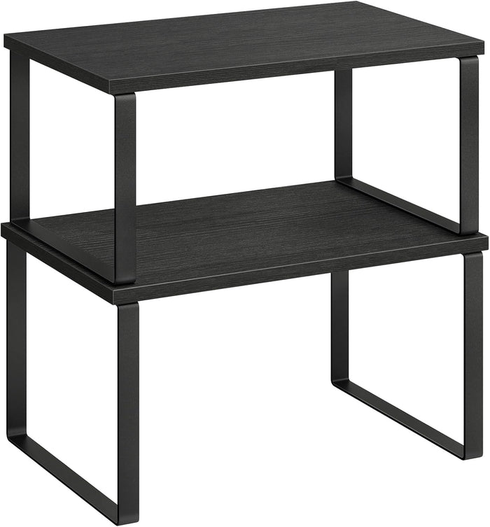 SONGMICS Cabinet Organizer Shelf, Set of 2 Kitchen Counter Shelves, Kitchen Storage, Spice Rack, Stackable, Expandable, Metal and Engineered Wood, Ink Black and Natural Beige UKCS02NB