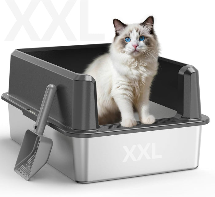 Enclosed Stainless Steel Cat Litter Box with Lid, XL Extra Large Litter Box for Big Cats, Metal Litter Pan High Sided, Never Absorbs Odors, Anti-Urine Leakage, Easy Cleaning, Include Scoop