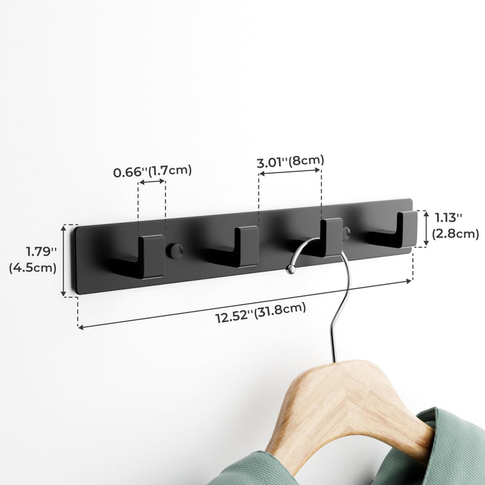 Black Coat Rack Wall Mount - 12.5 inch Modern Metal Hook Rail with 4 Right-Angle Hooks, Drill-Mounted Organizer for Coats, Hats, Bags in Entryway, Bathroom, Bedroom (1 Pack)