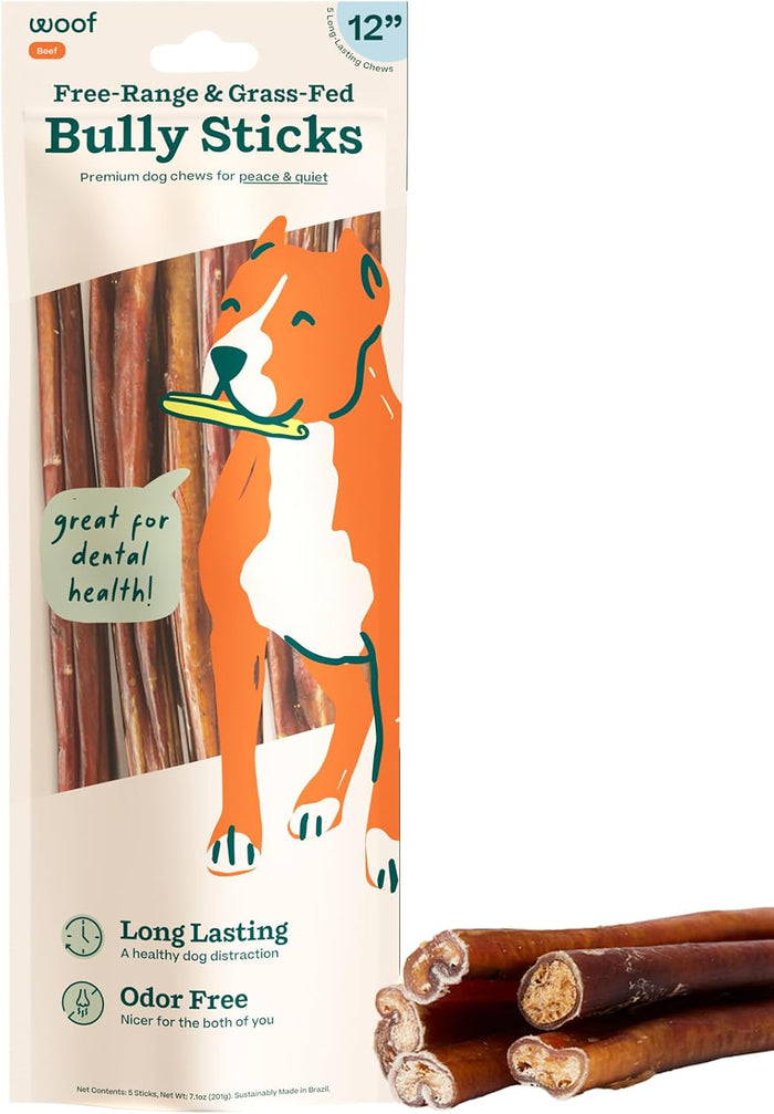 WOOF Bully Sticks Dog Treats - Chew Sticks for Dogs - Long-Lasting Dog Chew Treats - Made with Free-Range, Grass-Fed Beef - 6" Sticks - 25pk