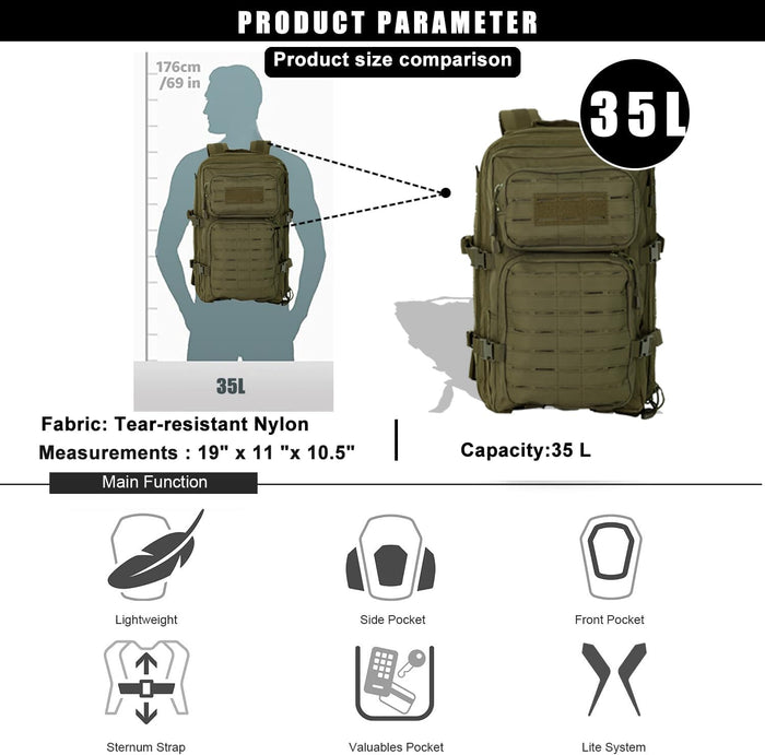 Military Tactical Backpack for Men 35L Small Molle System Water Resistant 3 Day Survival Assault Pack for Bug Out Bag Rucksack Travel Hiking Camping Gym Range Trekking Hunting Sport Work (Green)