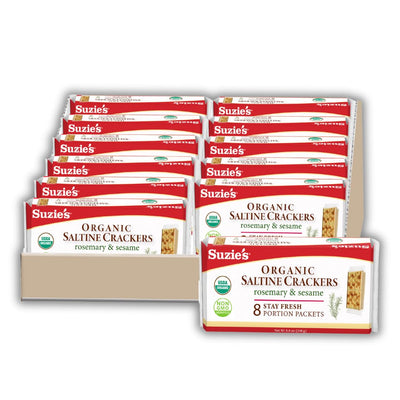 Suzie's Organic Rosemary Sesame Saltines Crackers|Healthy Gourmet Baked Vegan Snack for Adults & Children|Non GMO|12 Fresh Packs (96 individual Stay Fresh Packs) - 8.8oz Each