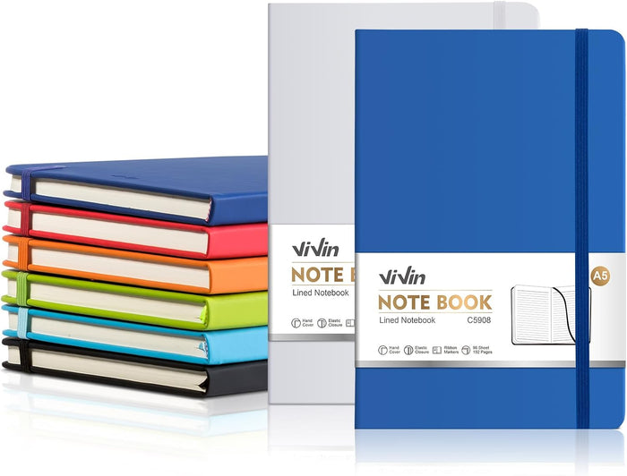 ViVin Lined Journal Notebooks, 3 Pack, (Black, Navy, Brown), 192 Pages, Medium 5.5 x 8.3 inch, College Ruled, A5 Hardcover Notebooks, Journaling Notebooks for Work, Writing, School