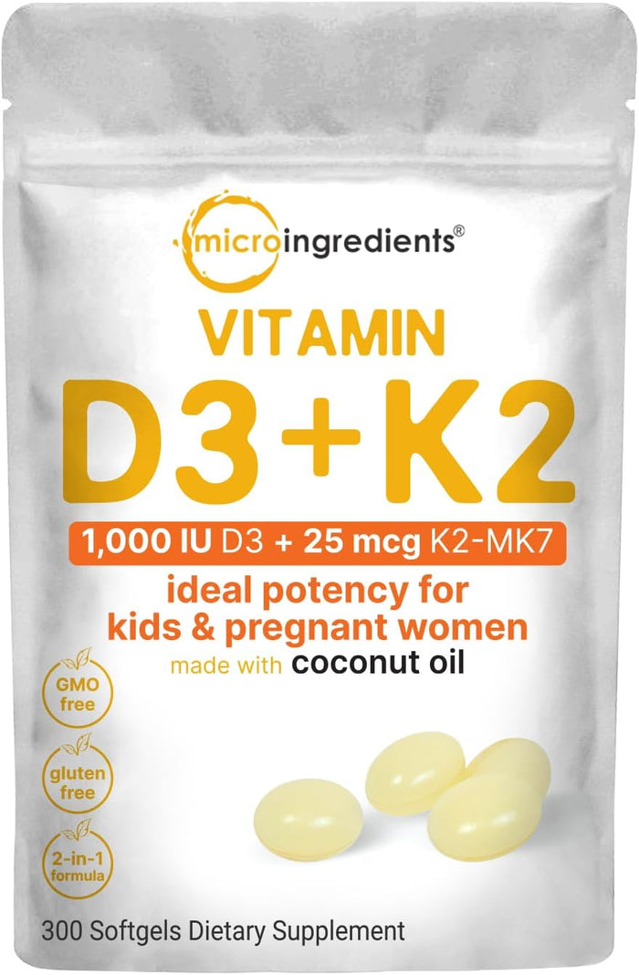 Micro Ingredients Vitamin D3 10,000 IU + K2 MK-7 200 mcg, 300 Softgels | Virgin Coconut Oil | 2-in-1 Bone, Immune & Heart Support | Easy to Swallow, Non-GMO