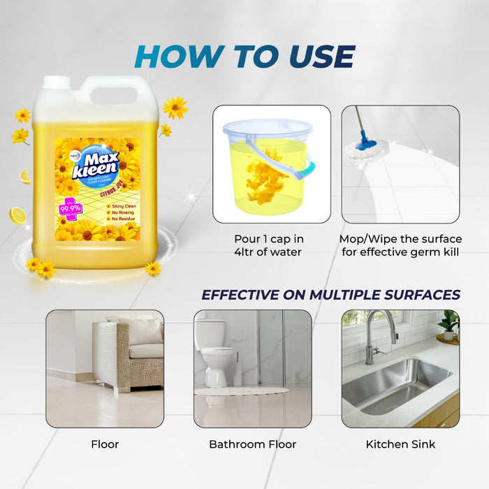 Wipro Maxkleen Citrus Joy Floor Cleaning Liquid 5Ltr| Refill Pack |Disinfectant Floor Cleaner with 99.99% Germ Protection| All Purpose Tile, Floor & Wall Cleaner.