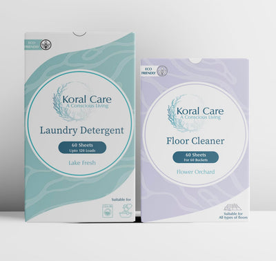 Koral Care Sheets Combo Pack | Detergent and Floor Cleaner | 60 Sheets each equal to 4 L Detergent and 2 L Floor Cleaner | Gentle on Clothes, Removes Tough Stains and Hard Water Stains, Eco-friendly | Flower Orchard Fragrance