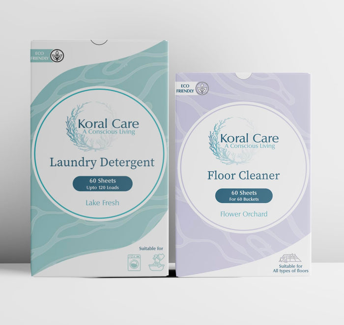 Koral Care Sheets Combo Pack | Detergent and Floor Cleaner | 60 Sheets each equal to 4 L Detergent and 2 L Floor Cleaner | Gentle on Clothes, Removes Tough Stains and Hard Water Stains, Eco-friendly | Flower Orchard Fragrance