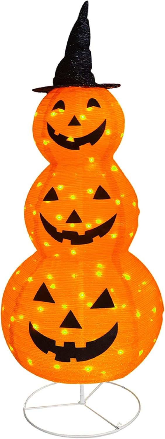 FUNPENY 3FT Halloween Collapsible Pumpkin Decorations, Pre-Lit Light Up 50 LED Pumpkin with Star Hat 8 Lighted Mode, Pop Up Jack-o-Lantern with Metal Stand for Indoor Outdoor Yard Holiday Decor