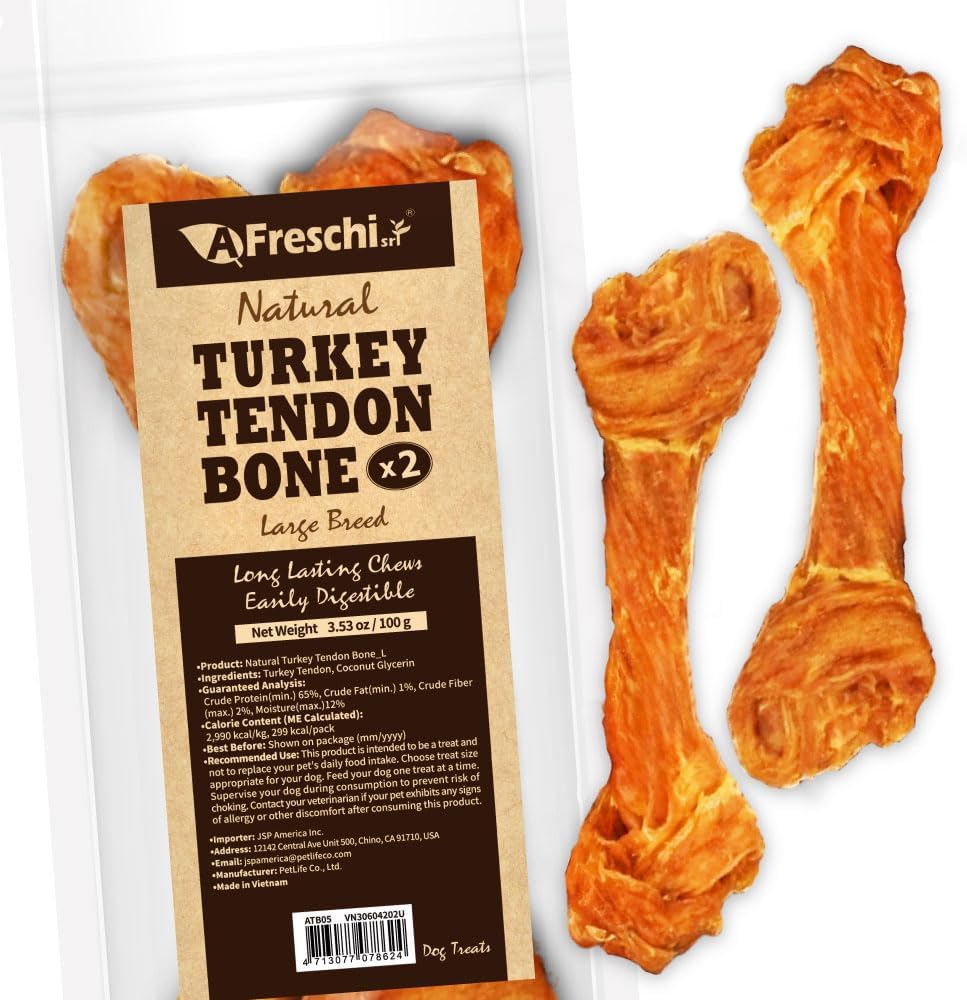 AFreschi Turkey Tendons for Dogs, USA-Sourced, Healthy Dog Treats, Rawhide-Free Puppy Chews, Long Lasting, All Natural, Hypoallergenic Dog Treats for Large Breeds, 10 oz Pack Bone (L)