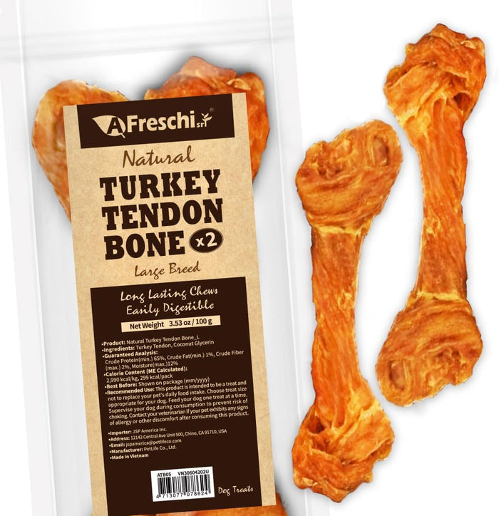 AFreschi Turkey Tendons for Dogs, USA-Sourced, Healthy Dog Treats, Rawhide-Free Puppy Chews, Long Lasting, All Natural, Hypoallergenic Dog Treats for Large Breeds, 10 oz Pack Bone (L)
