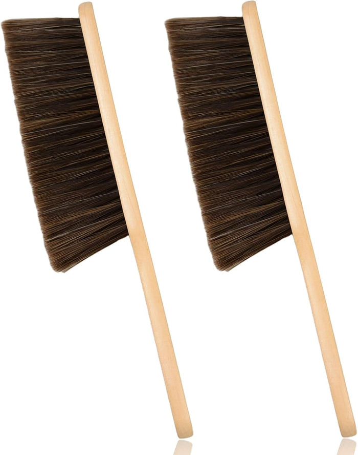 2 Pieces Woooden Dust Brush Hand Broom Bench Brush with Long Wood Handle Whisk Broom Soft Bristle Brush for Counter Bed Sofa Car Fireplace Clothes Household Cleaning(Khaki)