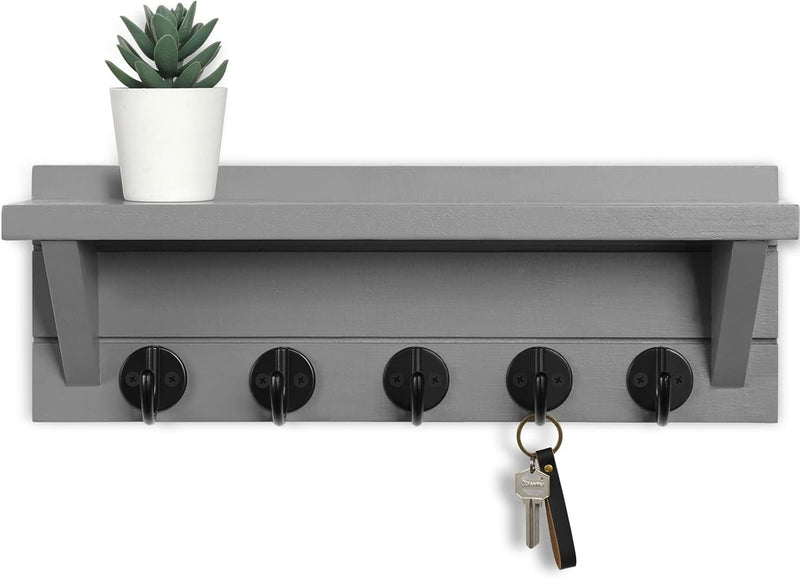 Wall Key Holder, Rustic Shelf with Hooks Made of Paulownia Wood Holds Keys, Dog Leash, Bags and More - 13.7" W x 4.7" H x 3.5" D Decorative Key Hanger and Entryway Shelf