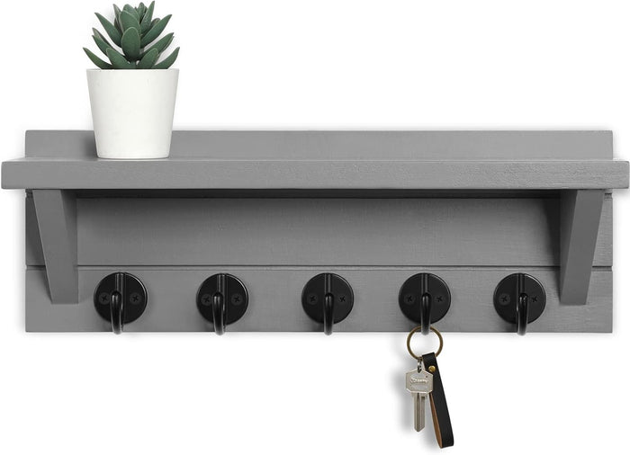 Wall Key Holder with Shelf, Rustic Shelf with Hooks Made of Paulownia Wood Holds Keys, Dog Leash, Bags and More - 13.7" W x 4.7" H x 3.5" D Decorative Key Hanger and Entryway Shelf (Black)
