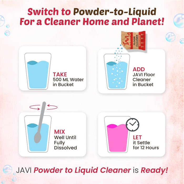 JAVI Powder-To-Liquid Floor Cleaner | Eco-Friendly, Non-Toxic, Pet & Baby Safe | Natural Scent | Plastic-Free | 99% Germ Kill | Natural floor cleaner | Powder Refill Pack (1 Sachets = 500 Ml)