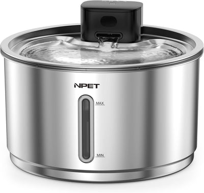 NPET Stainless Steel Cat Water Fountain Cordless, 1 Gallon/135oz Quiet Wireless Cat Fountain for Drinking - Battery Operated Pet Water Fountain with Motion Sensor, Replacement Filter for Cats Inside