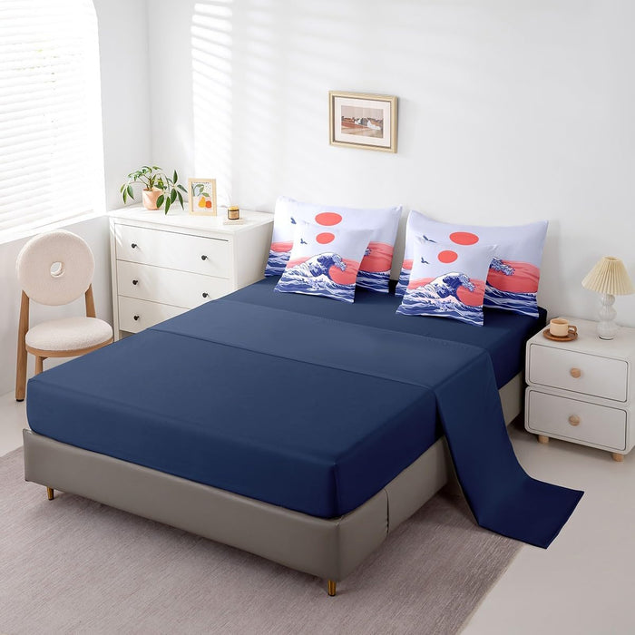 Feelyou Japanese Wave Bed Set Boys Girls for Kids Women Men Twin Size Ocean Wave 7 Pieces Beeding Set Ultra Soft Sunset Bed in a Bag with Comforter, Sheets, Pillowcases Sea Waves Room Decor Bird