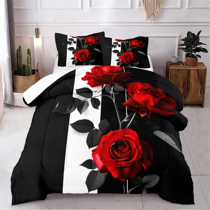 Rose Comforter Set King Black Red Bedding Set Striped Floral Bedding for Women Aesthetic Comforter with 2 Pillowcases, Ultra Soft Lightweight 3Pieces
