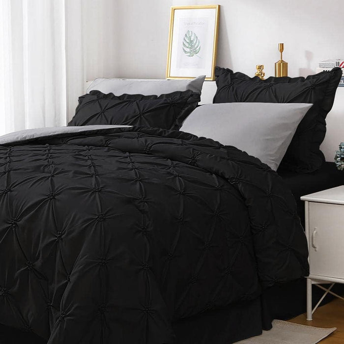 JOLLYVOGUE Grey Queen Comforter Set, 7 Pieces Pintuck Comforters Queen Size, Bed in a Bag Queen Comforter for Bedroom, Bedding Comforter Sets with Comforter, Sheets, Ruffled Shams & Pillowcases
