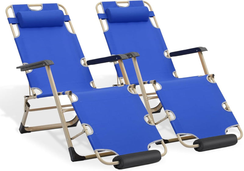 MoNiBloom Patio Lounge Chair Set of 2 Folding Lawn Lounger Outdoor Camp Reclining Chair with Adjustable Headrest for Garden Yard Pool Side, 330lbs Capacity