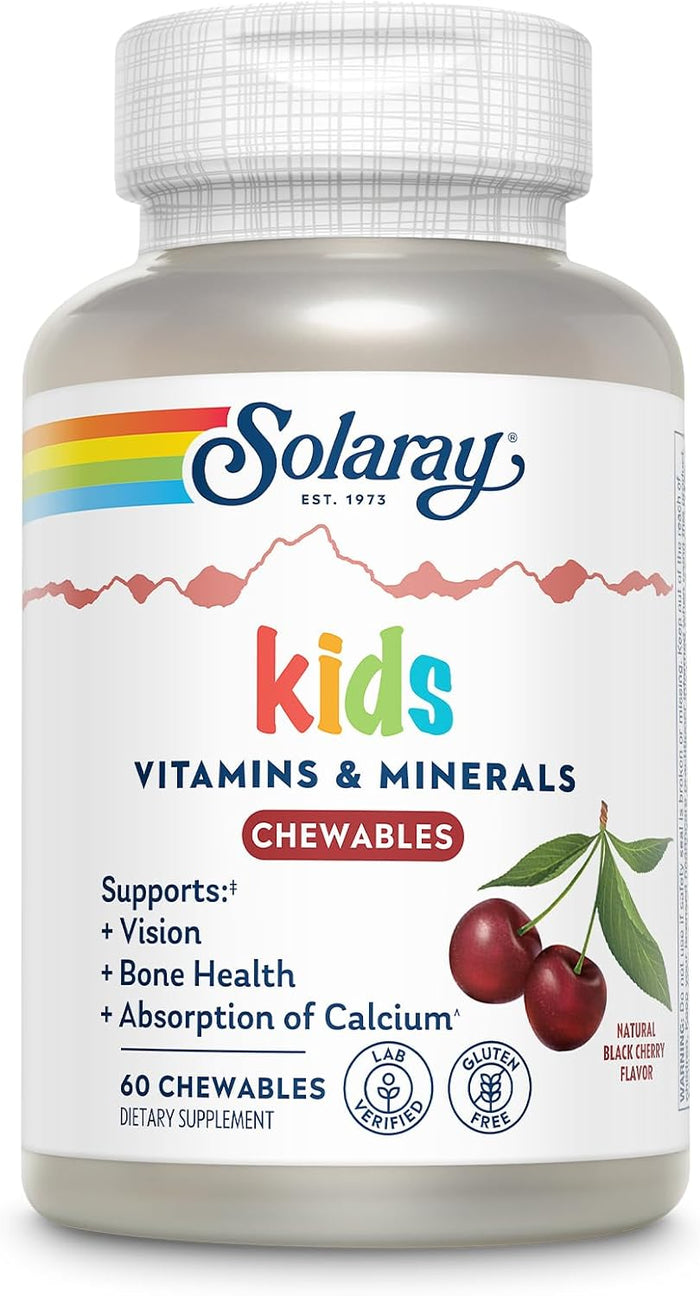 SOLARAY Childrens Vitamins & Minerals Complete Multivitamin for Kids Great Black Cherry Flavor (076280047974) (120 Chews, 60 Serv)