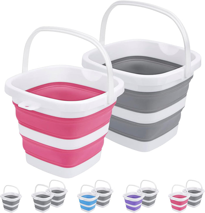2 Pack Collapsible Buckets 5L 1.3Gallon Small Cleaning Bucket for Household Portable Plastic Bucket Outdoor Car Washing Tub Foldable Camping Beach Sand Water Pot Pail Space Saving Square Grey and Blue