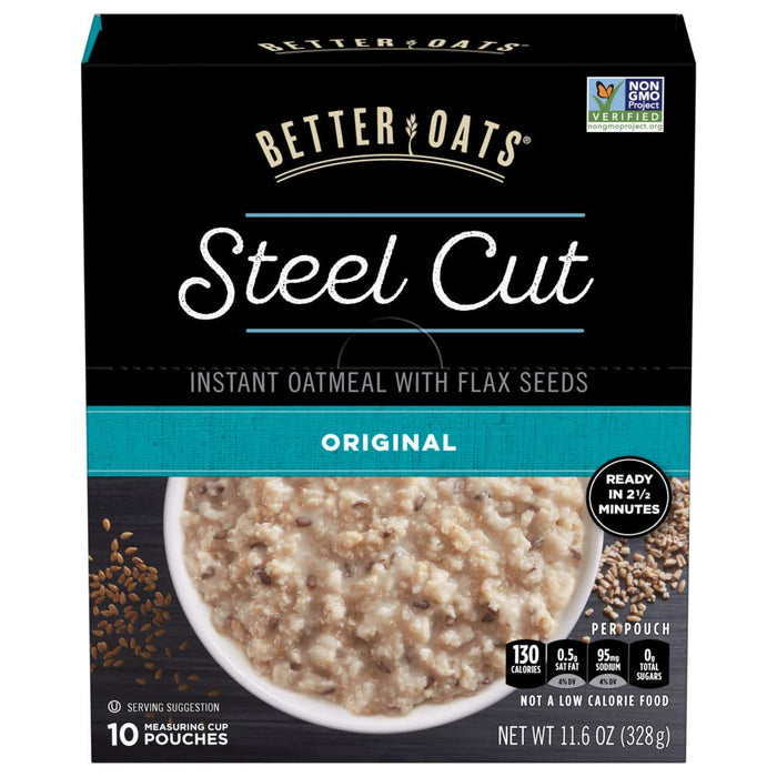 Better Oats Original Steel Cut Oatmeal Packets, Instant Oatmeal Packets with Steel Cut Oats and Flax Seeds, Quick Oatmeal Pouches Ready in 2.5 Minutes, Original Flavor, Pack of 10, 11.6 OZ Pack