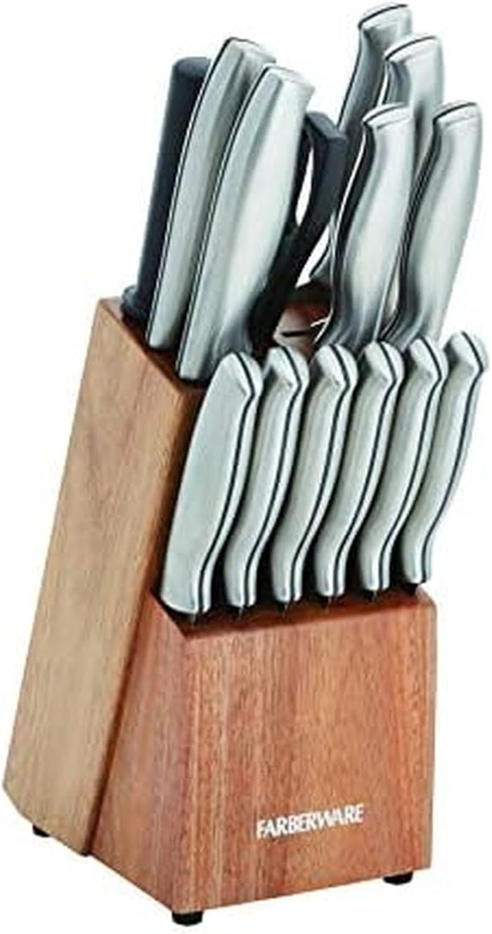 FARBERWARE 15-Piece Kitchen Knife Set with High-Carbon Stainless Steel Blades, Black Handles, Steak Knives, Wood Block, Razor Sharp and Ergonomic