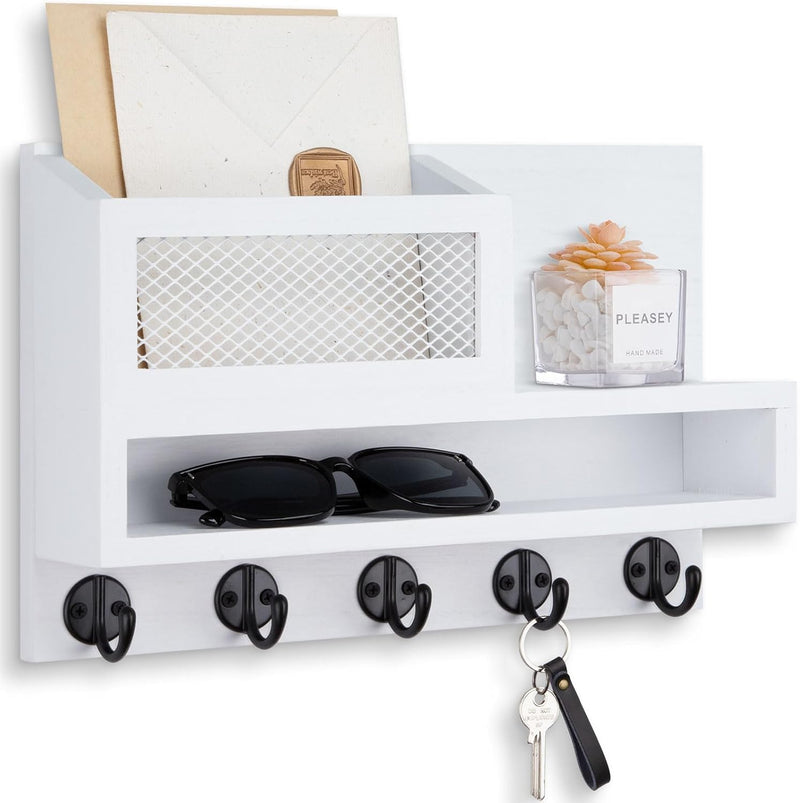 Key and Mail Holder Wall Mount, Key Hanger with Long Storage Box and 5 Hooks for Coat, Dog Leash, Home Decor Rack, House Accessories, Entry Way Organizer 11.8”W x 7.8”H x 3.2”D