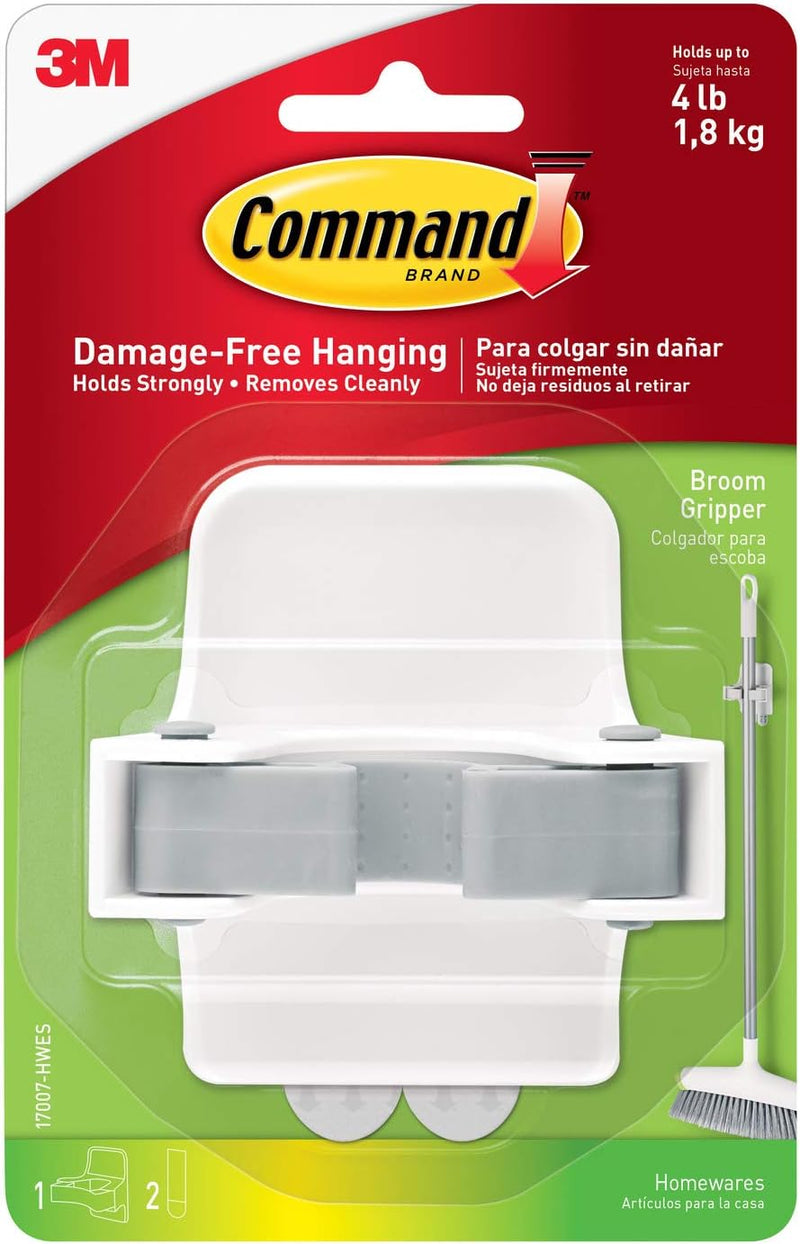 Command Broom and Mop Grippers, 2 Hangers and 4 Command Strips, Damage-Free Hanging Wall Mount Broom and Mop Holder, Household Cleaning Organizer for Organization and Storage, Holds up to 4 lb