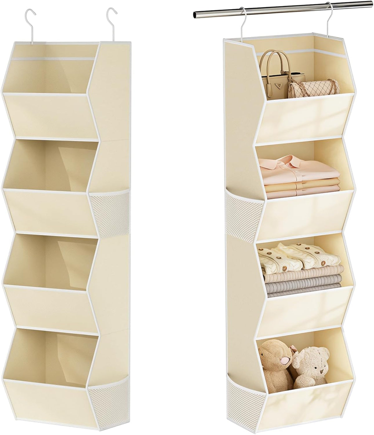 Hanging Closet Organizer 4 Shelf Collapsible Bedroom Closet Organizers and Storage Hanging with Mesh Pockets for Clothes, Fabric Hanging Storage Bins for Wardrobe Closet Organization and Storage, Grey