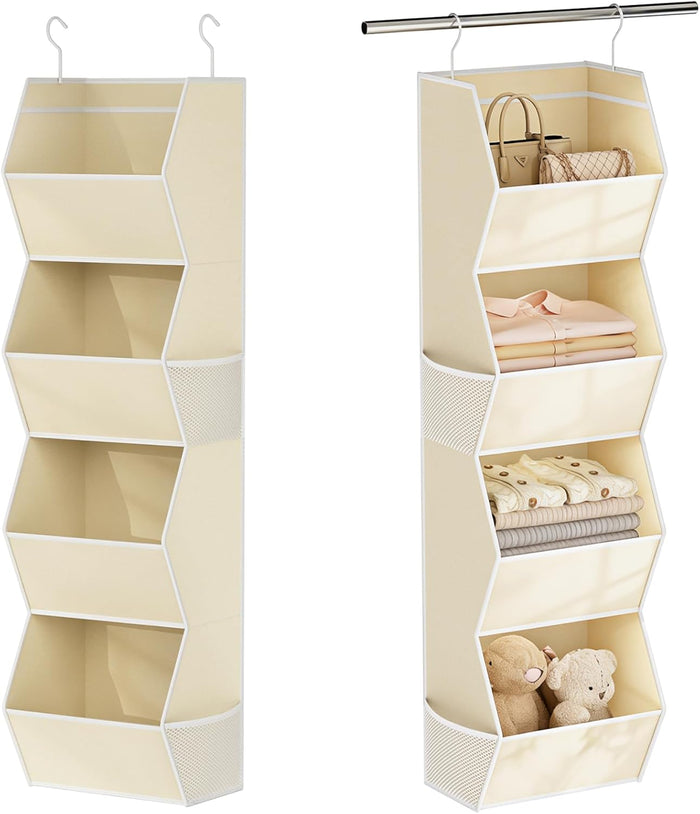 Hanging Closet Organizer 4 Shelf Collapsible Bedroom Closet Organizers and Storage Hanging with Mesh Pockets for Clothes, Fabric Hanging Storage Bins for Wardrobe Closet Organization and Storage, Grey